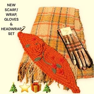 NEW 3 PIECE SET, SOFT SCARF/WRAP, GLOVES & CROCHET BUTTON CLOSE HEAD WRAP 🤩!